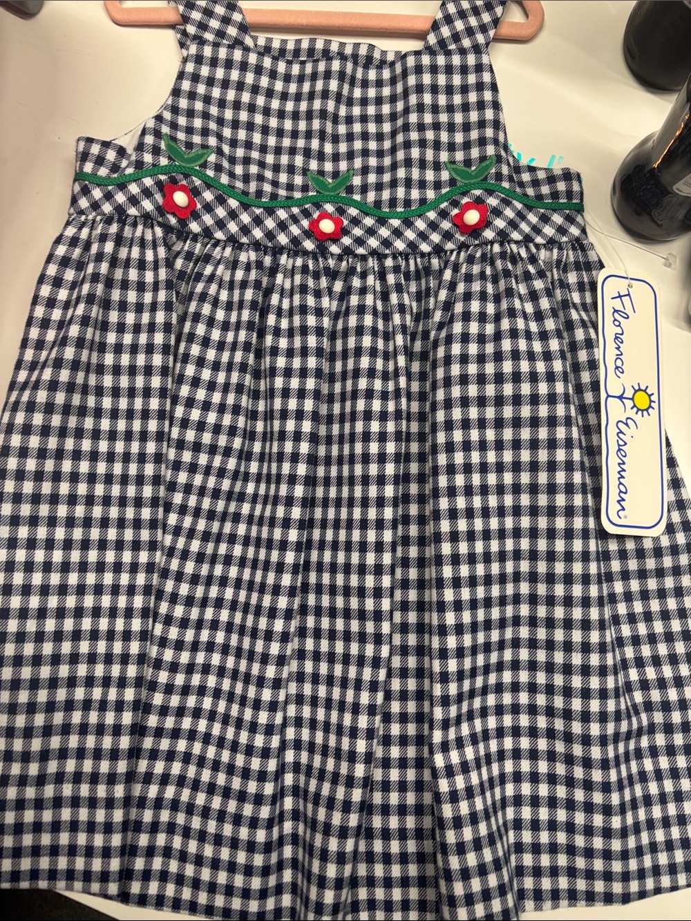 Florence Eiseman Navy and White Gingham Dress with Floral Trim